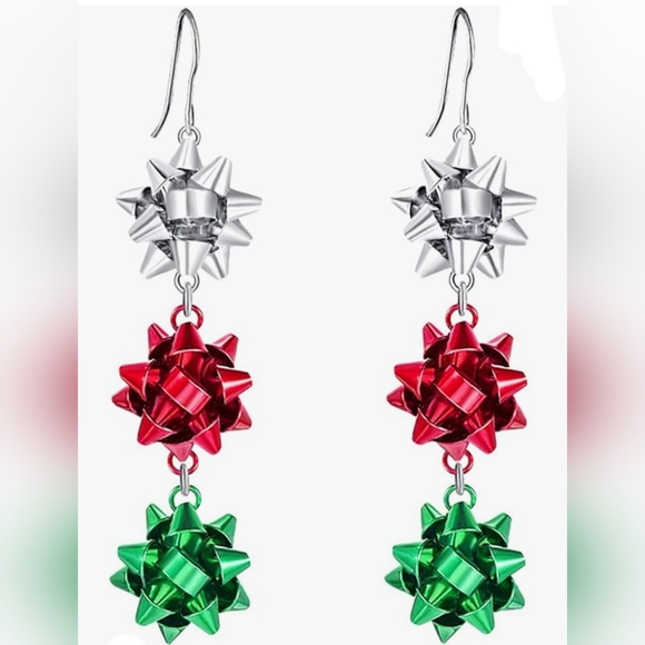 I'll Try & Restock Christmas Bow Earrings Tiered Bow Earrings Silver Red Green - Picture 5 of 6